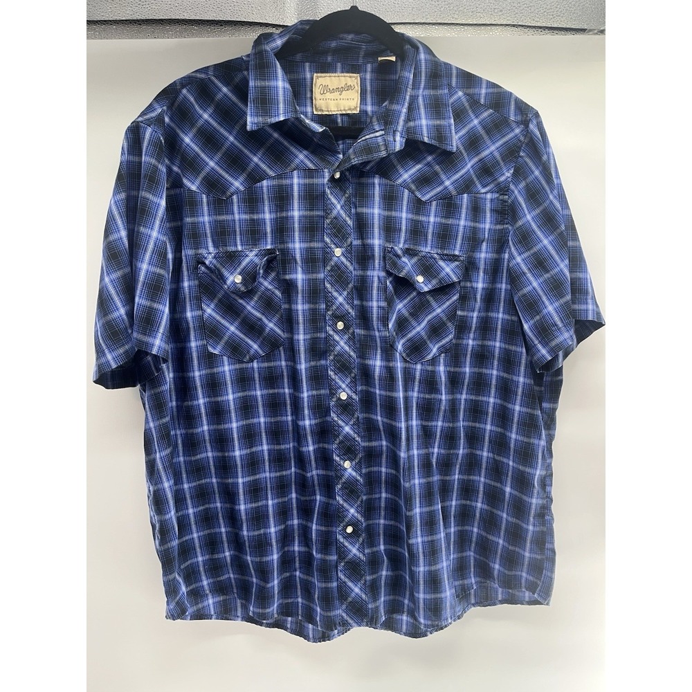 Wrangler® Men's Regular Fit Short Sleeve Western Shirt, Navy Snap Buttons 2XL